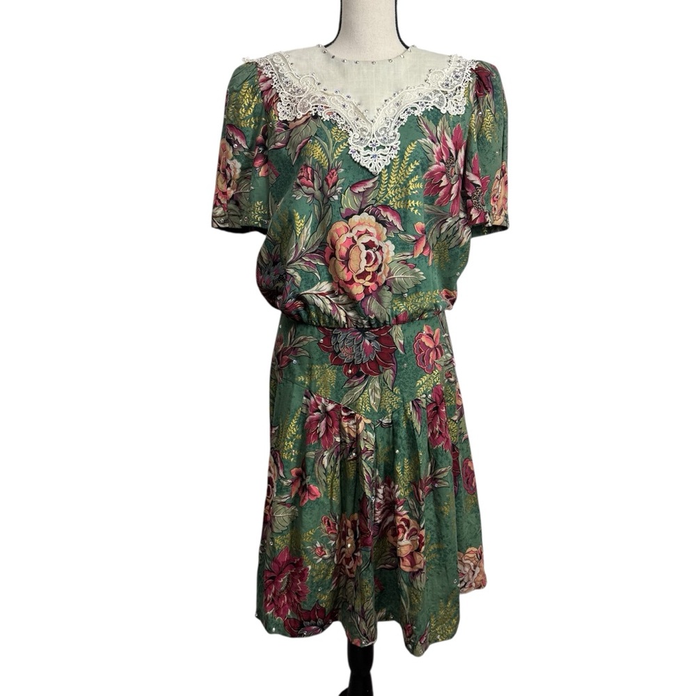 VTG Lisa II‎ Floral Prairie Dress Size 14 Cottage Romantic Core Lace Collared